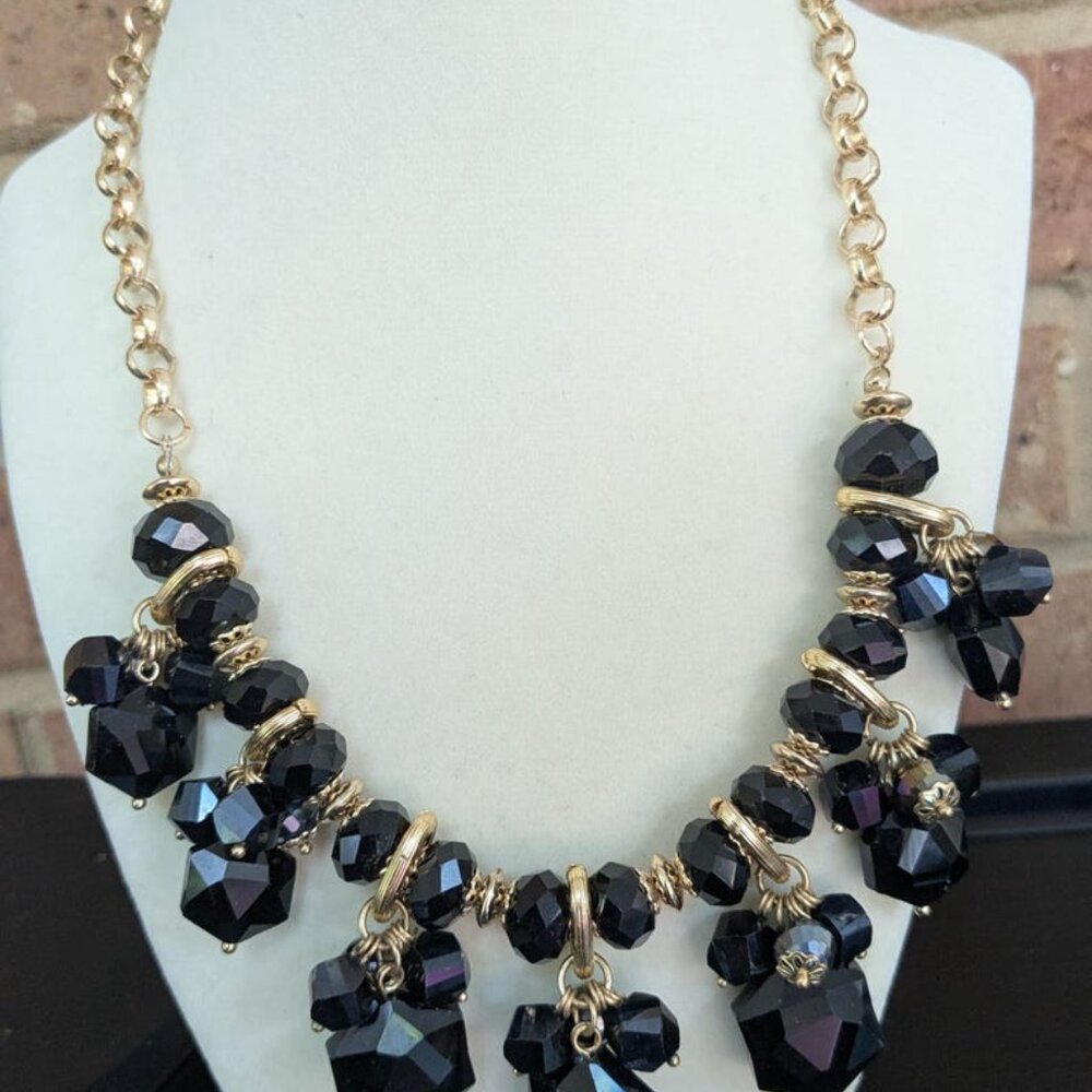 Black Glass Bead Statement Necklace - Chunky Faceted Beaded Jewelry, Gold Chain
